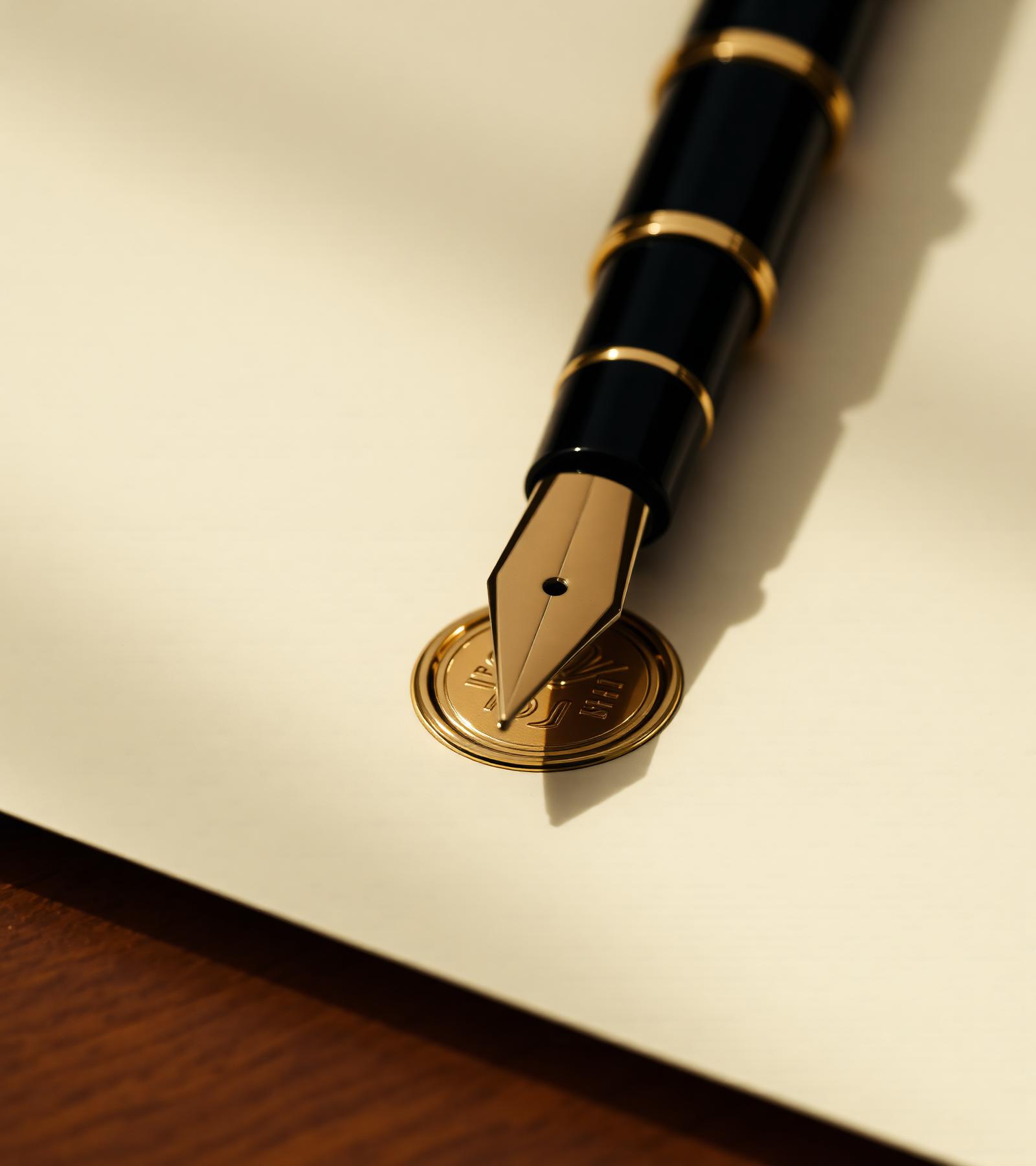 Pluma estilográfica sobre documento marfil con sello dorado